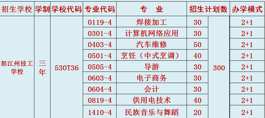 怒江州技工學(xué)校招生計(jì)劃